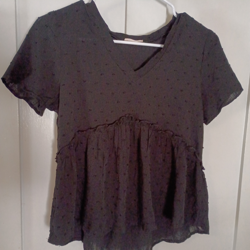 Black Textured V-Neck Blouse